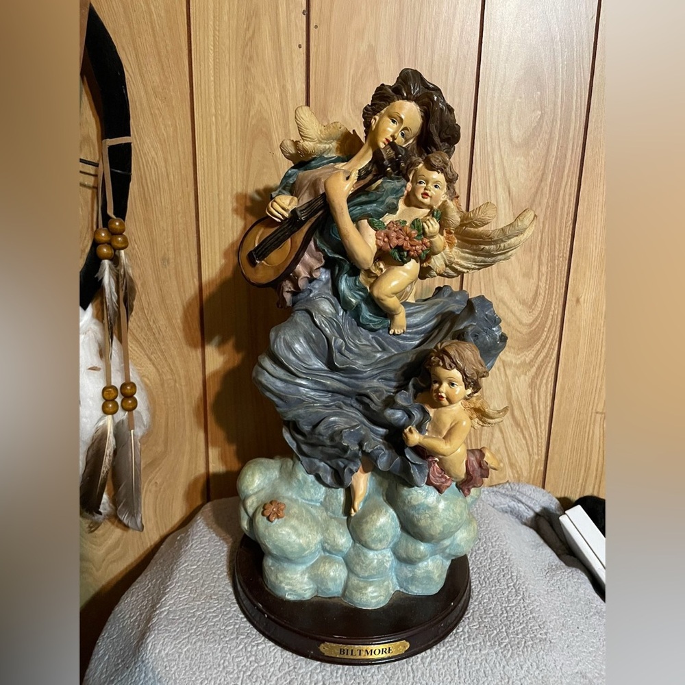 Angel Figurine with Children in Blue and Gold